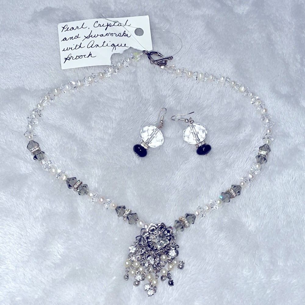 Pearl, Crystal and Swarovski Necklace with Antique Brooch